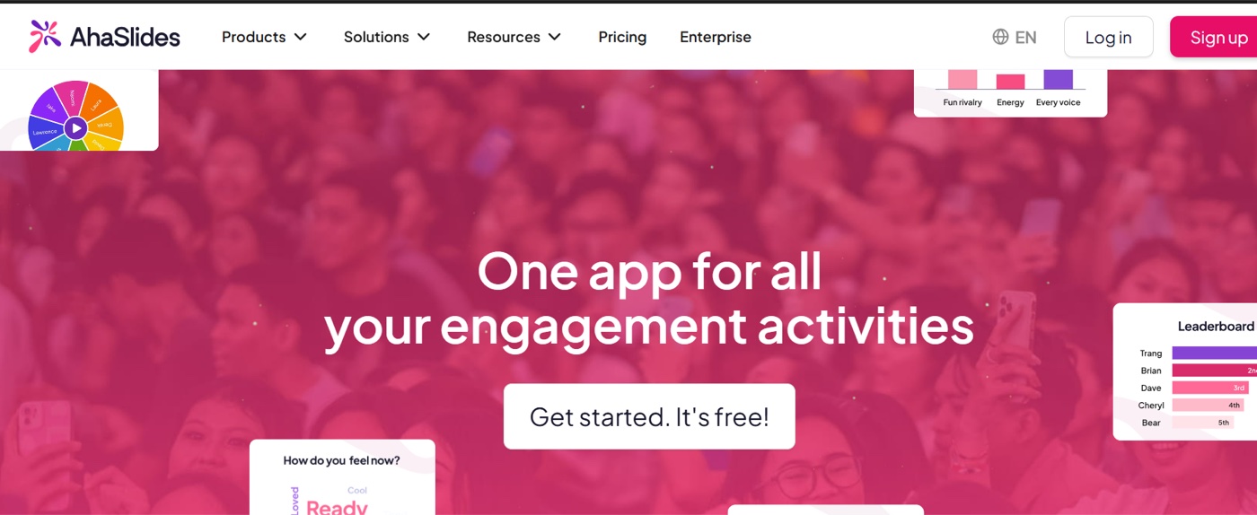 The AhaSlides homepage: one app for all your engagement activities, with a spinner wheel, a leaderboard and a word cloud around the Get started button.