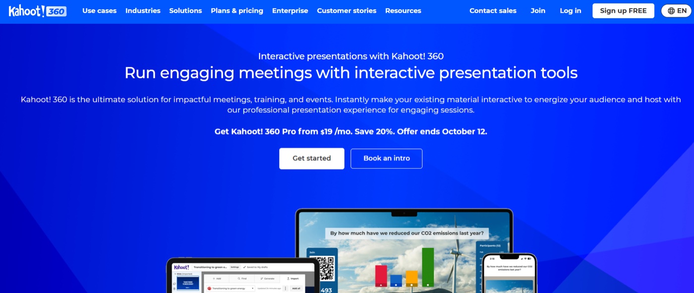 The Kahoot! 360 page: run engaging meetings with interactive presentation tools, with Kahoot! 360 Pro offered from $19 a month.