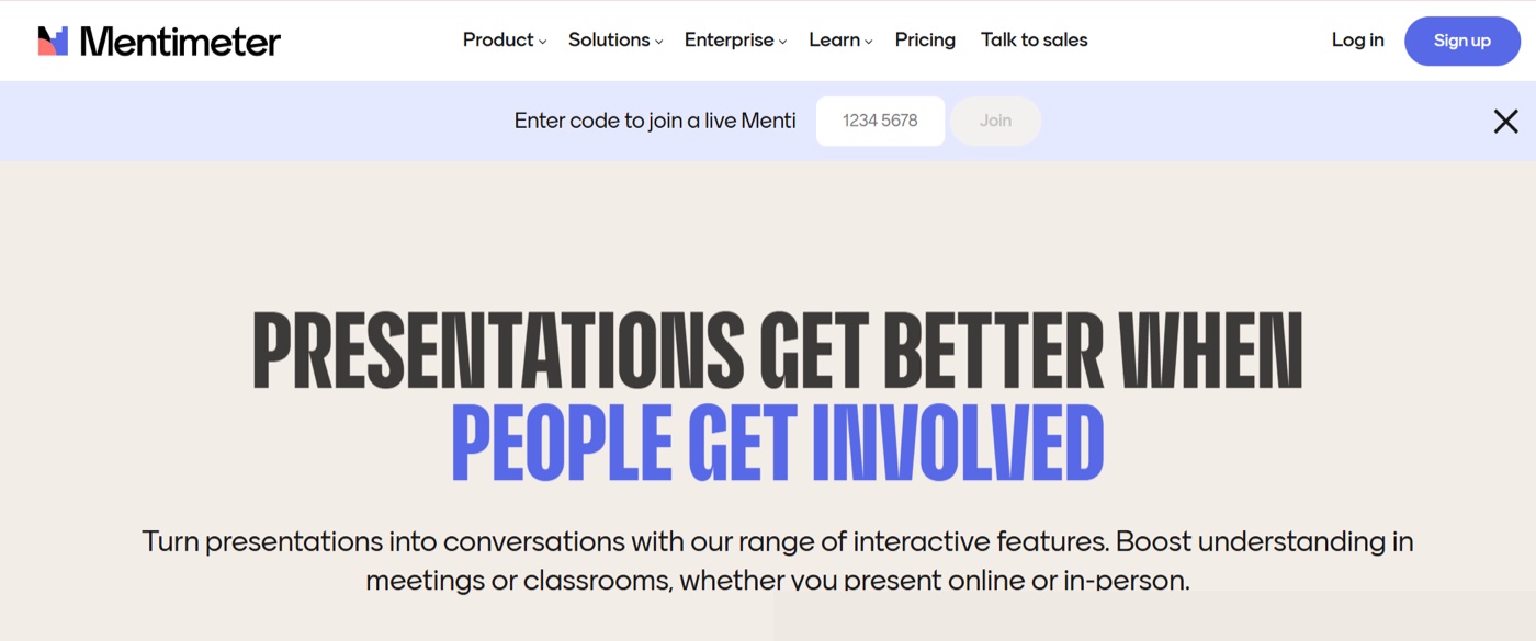 The Mentimeter homepage: presentations get better when people get involved, with a box to enter a code and join a live Menti.