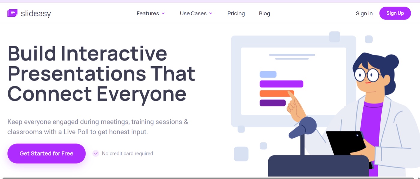 The Slideasy homepage: build interactive presentations that connect everyone, with a Get Started for Free button and no credit card required.
